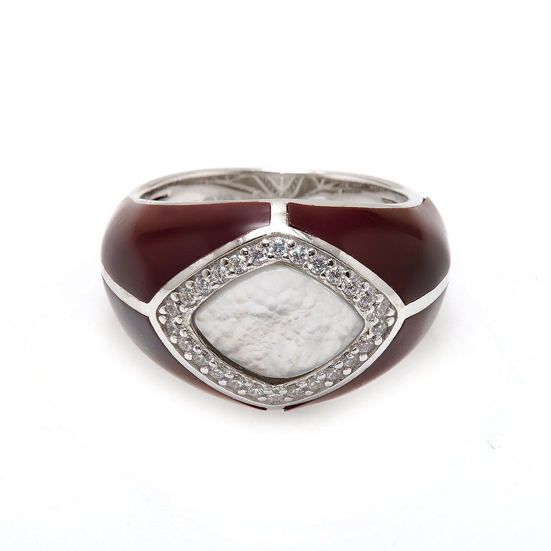 Silver and Maroon Ring with Crystals and Man Made Stone