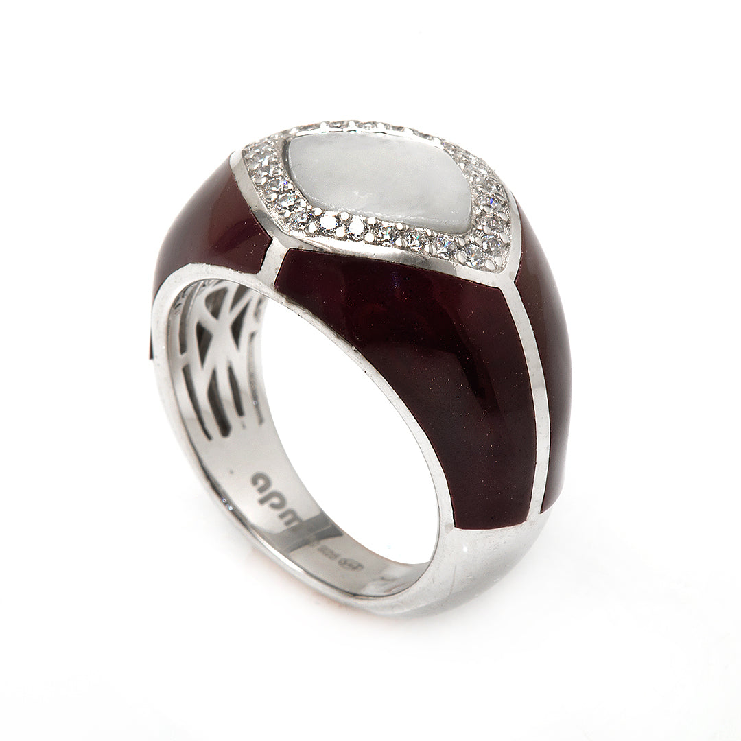 Silver and Maroon Ring with Crystals and Man Made Stone