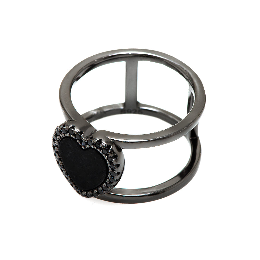 Silver Ring with Black Heart Man Made Stone and Crystals