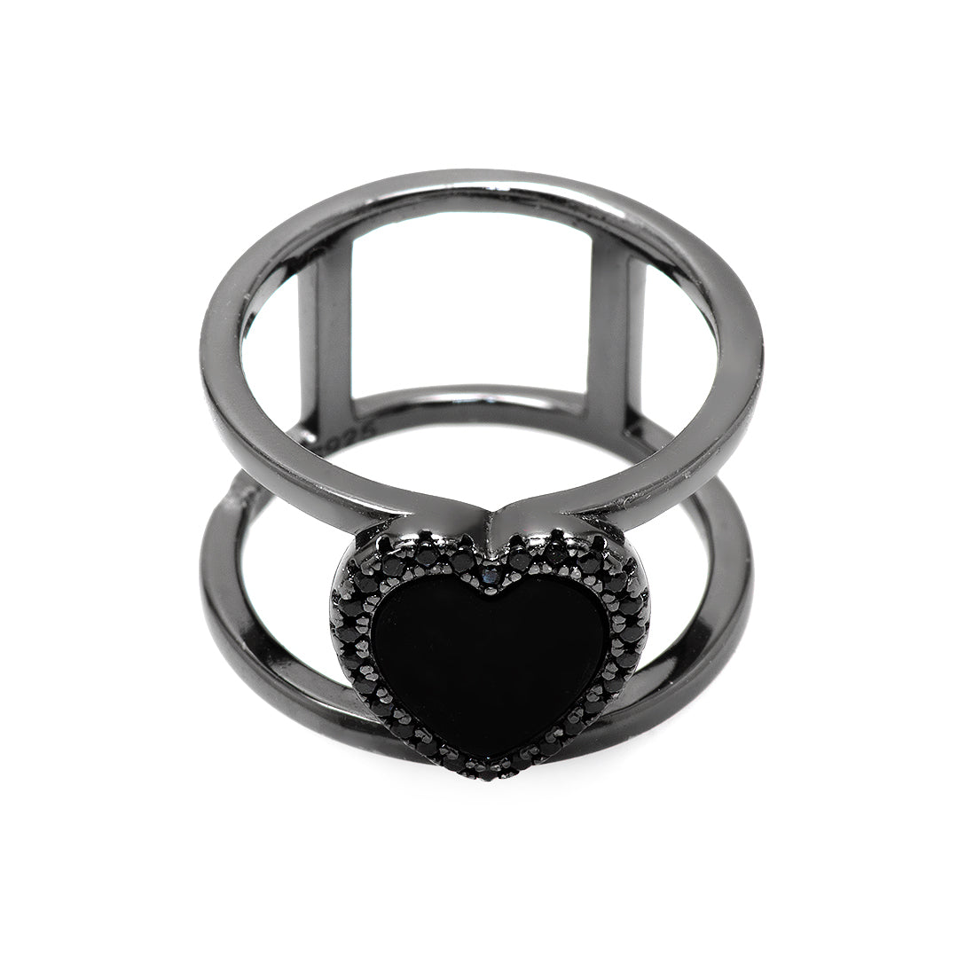 Silver Ring with Black Heart Man Made Stone and Crystals