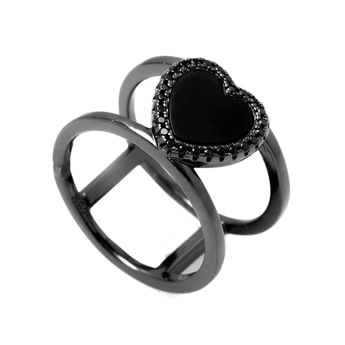 Silver Ring with Black Heart Man Made Stone and Crystals