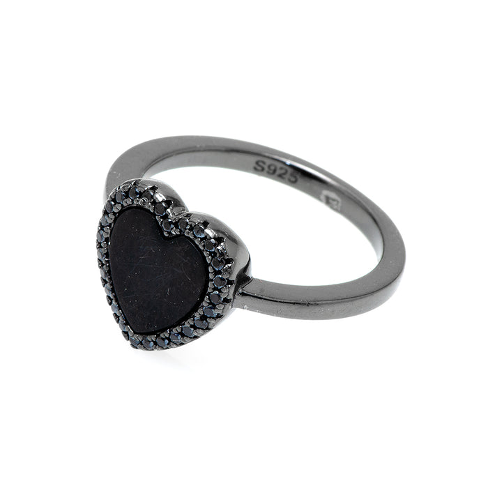 Silver Ring with Black Man Made Heart-Shaped Stone