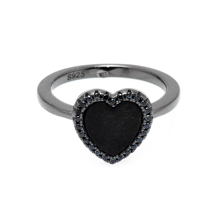 Silver Ring with Black Man Made Heart-Shaped Stone
