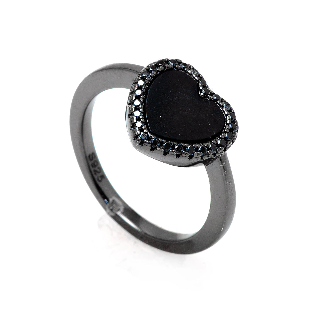 Silver Ring with Black Man Made Heart-Shaped Stone