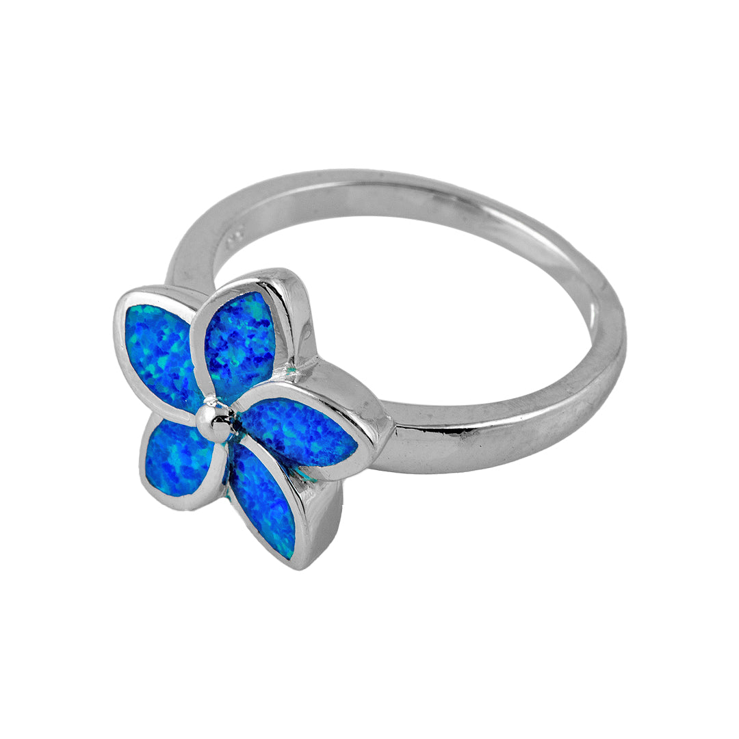 Silver Flower Ring with Man Made Opal