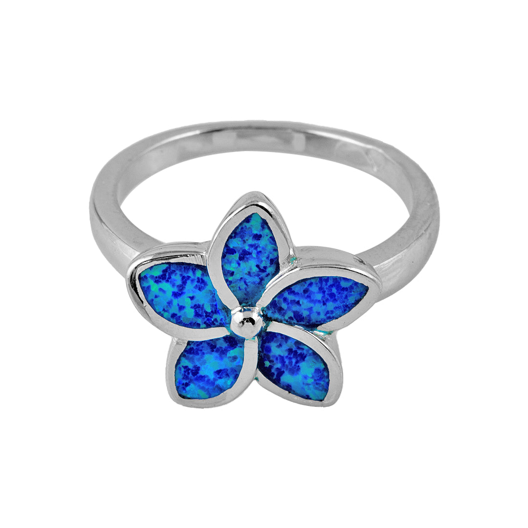 Silver Flower Ring with Man Made Opal