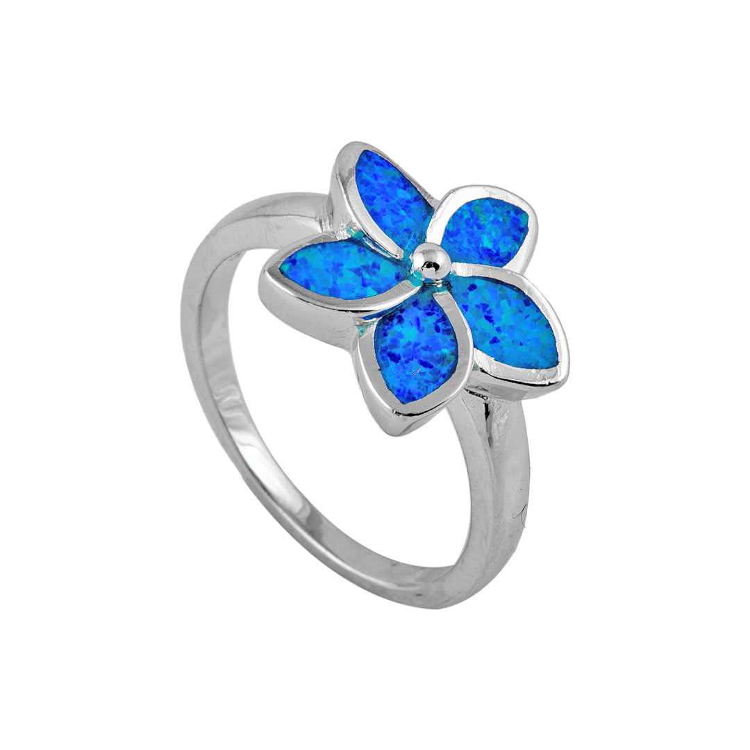 Silver Flower Ring with Man Made Opal