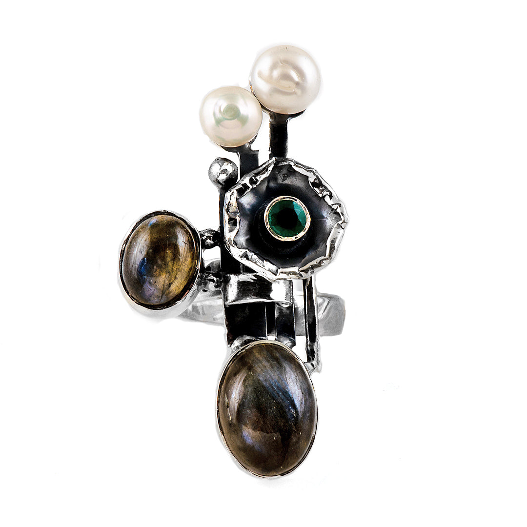 Silver, Pearl, Tsavorite and Labradorite Ring