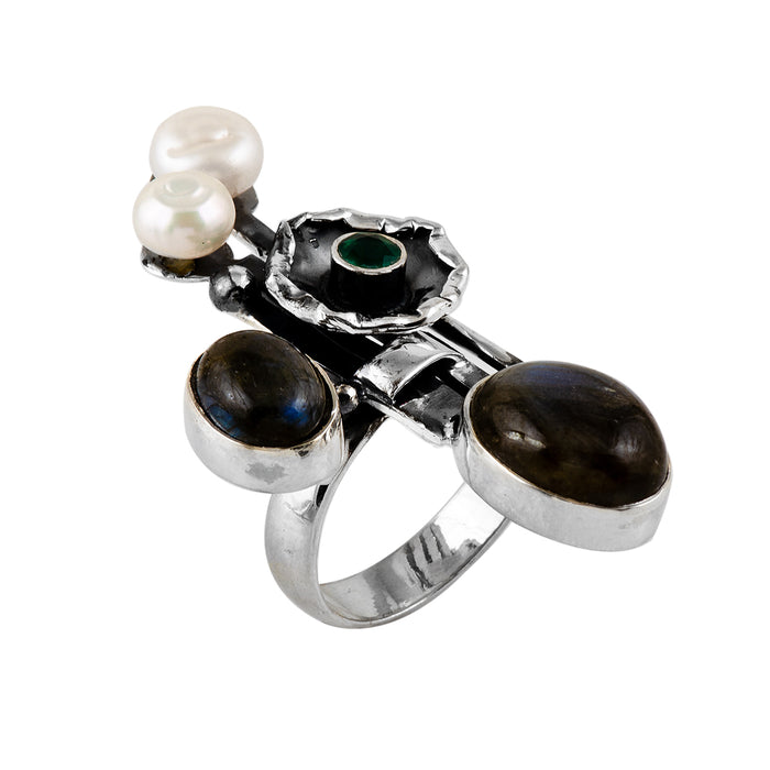 Silver, Pearl, Tsavorite and Labradorite Ring