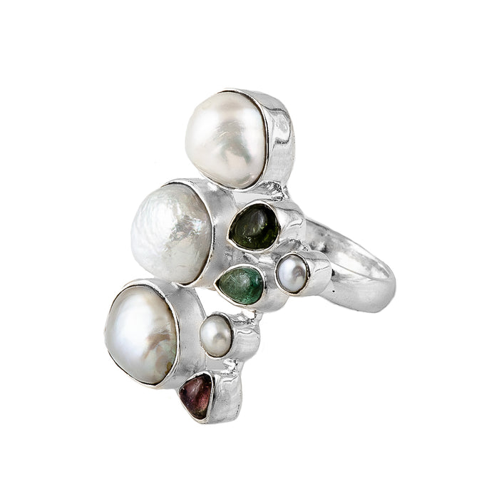 Silver, Tourmaline and Mother of Pearl Ring