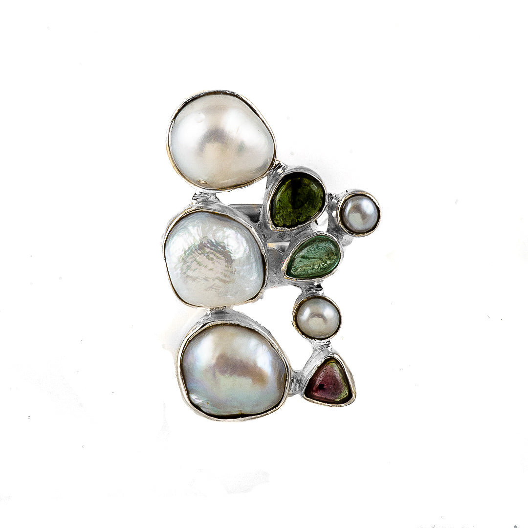 Silver, Tourmaline and Mother of Pearl Ring