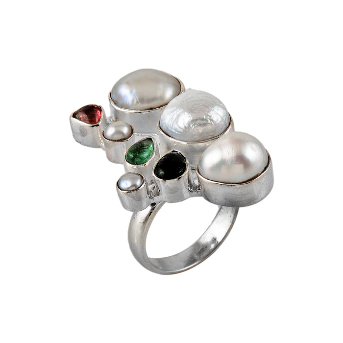 Silver, Tourmaline and Mother of Pearl Ring