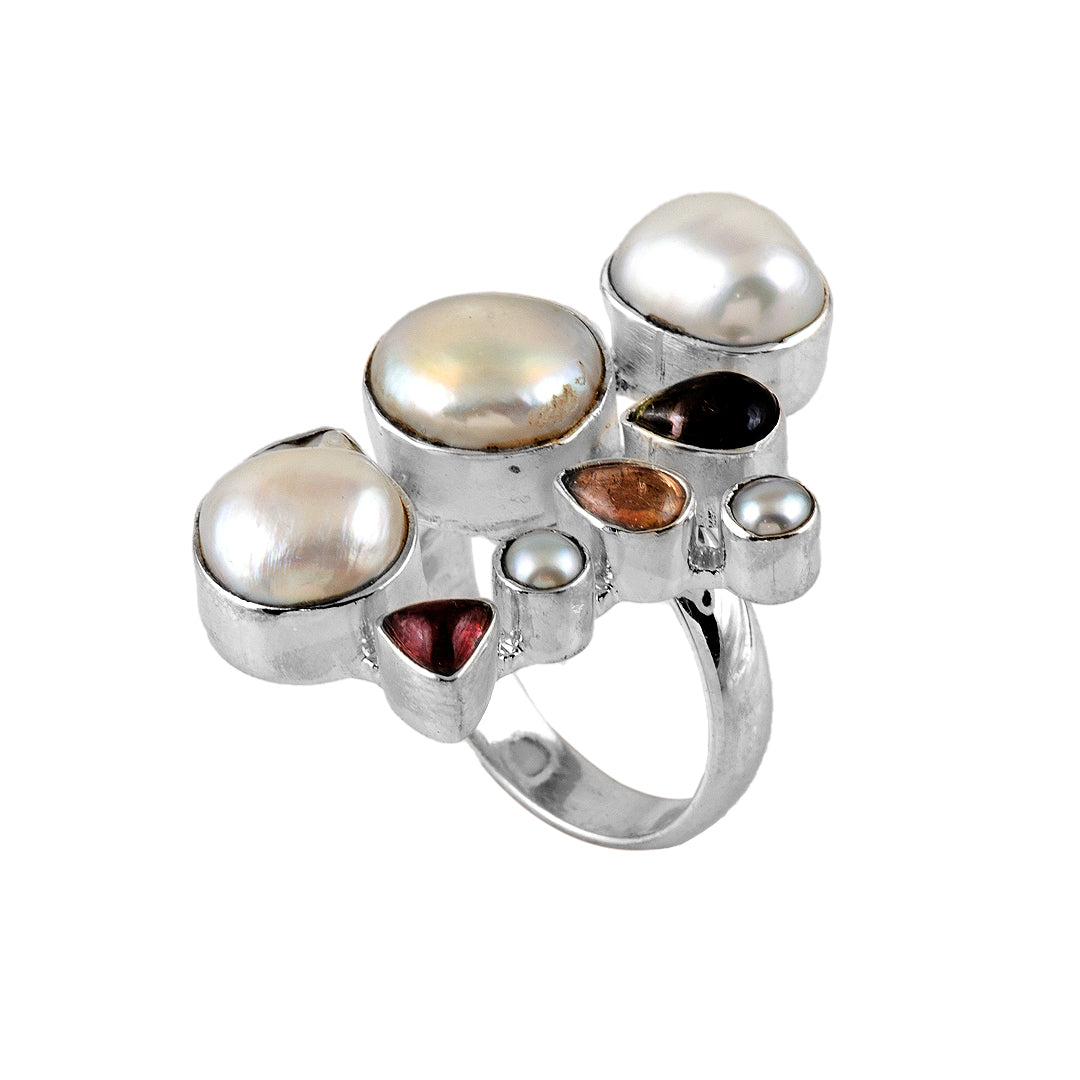 Silver, Mother of Pearl and Tourmaline Ring