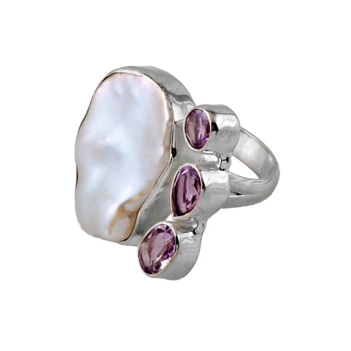Silver, Mother of Pearl and Amethyst Ring