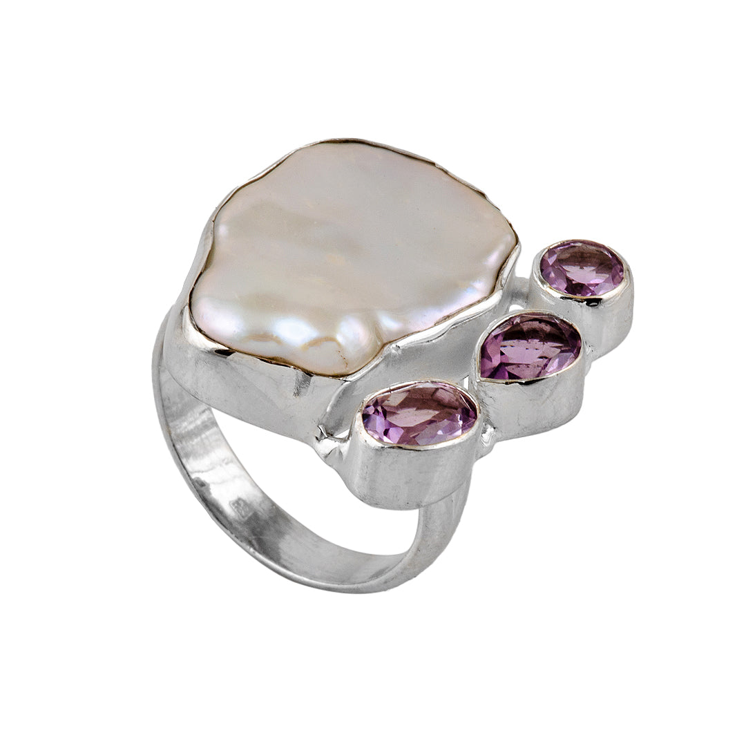 Silver, Mother of Pearl and Amethyst Ring