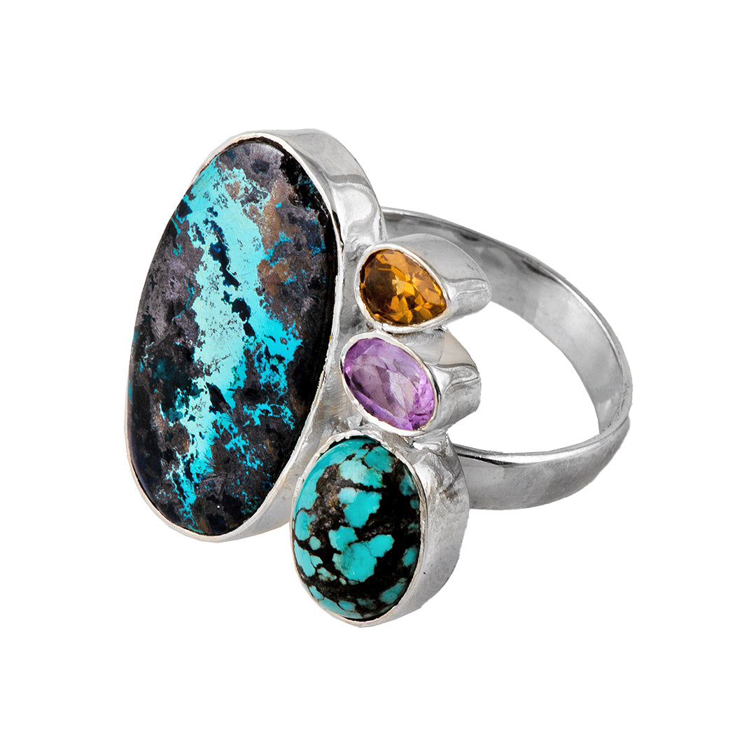 Silver, Turquoise, Citrine and Amethyst Ring