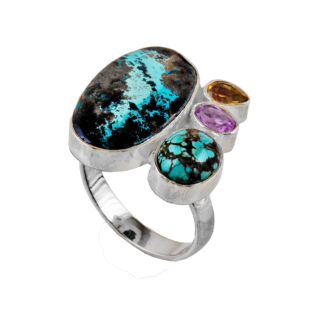 Silver, Turquoise, Citrine and Amethyst Ring