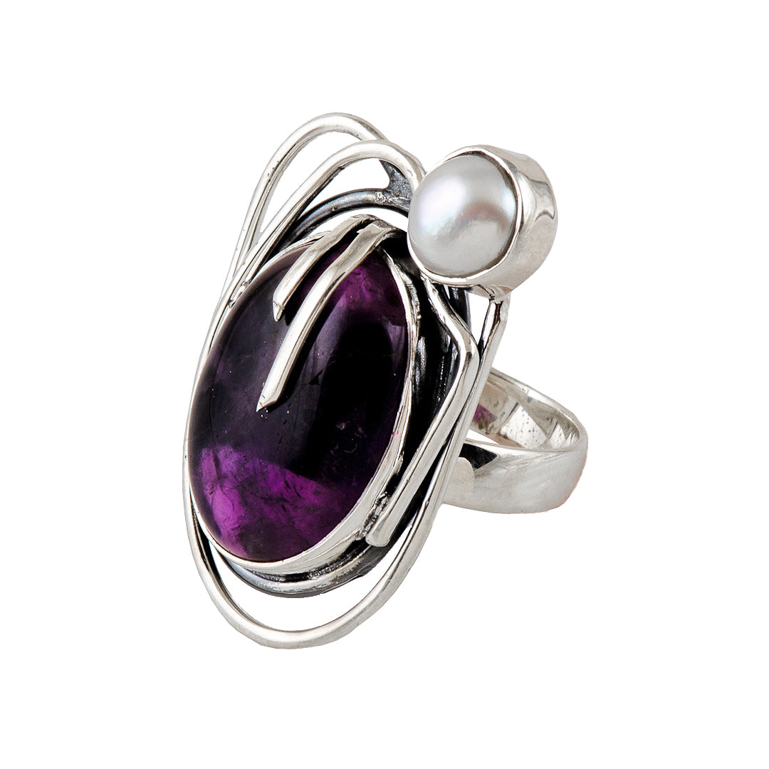 Silver, Mother of Pearl and Amethyst Ring