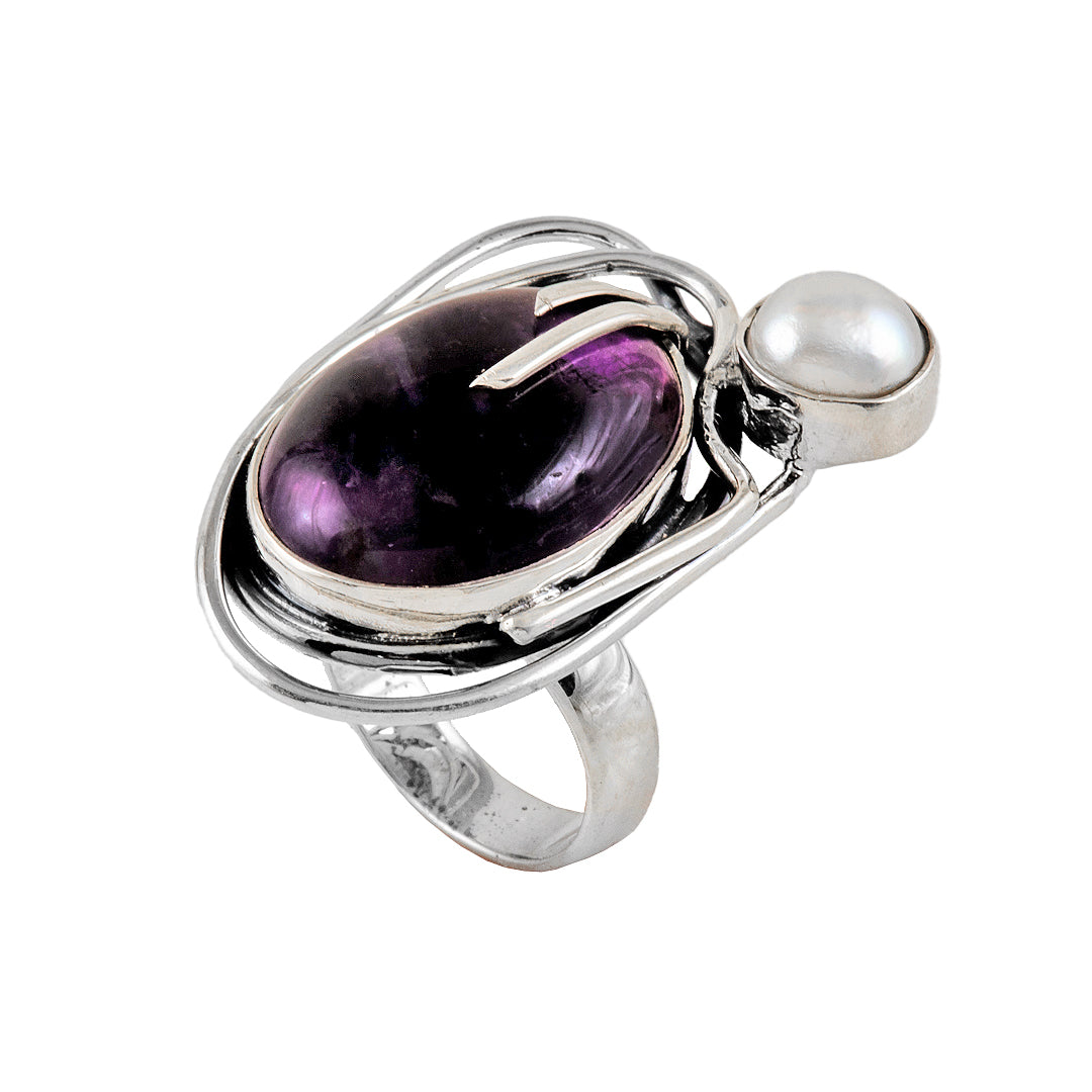 Silver, Mother of Pearl and Amethyst Ring