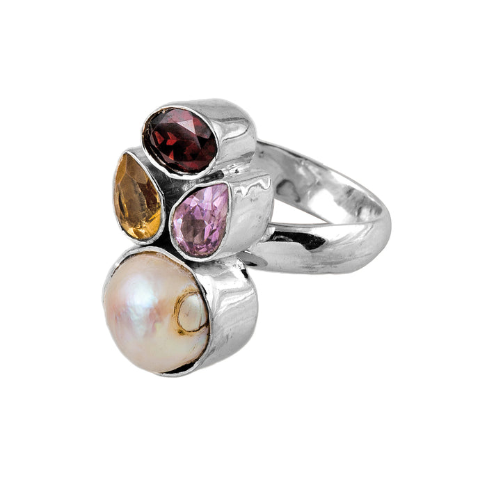 Silver, Mother of Pearl, Garnet, Citrine and Amethyst Ring