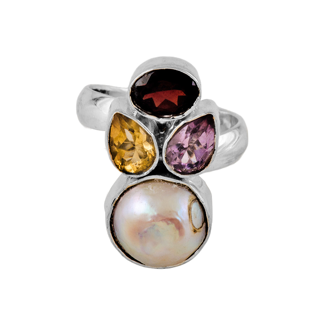 Silver, Mother of Pearl, Garnet, Citrine and Amethyst Ring