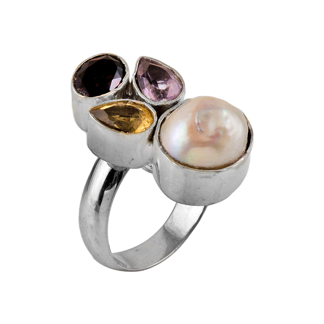 Silver, Mother of Pearl, Garnet, Citrine and Amethyst Ring