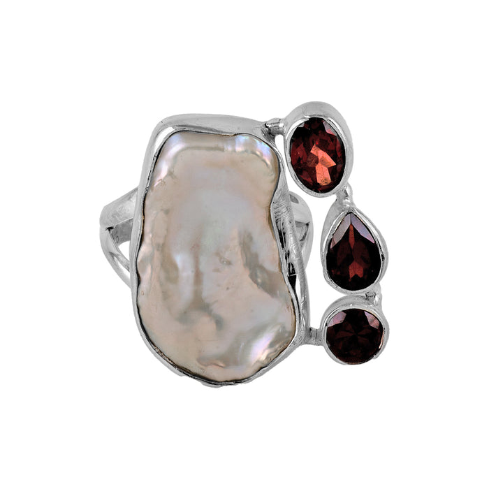 Silver, Mother of Pearl and Garnet Ring