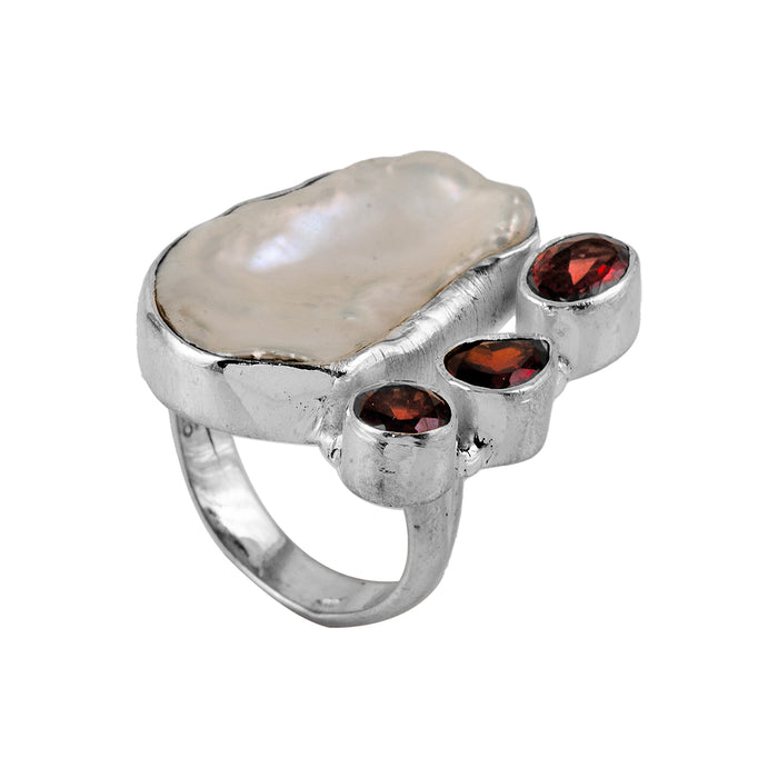 Silver, Mother of Pearl and Garnet Ring