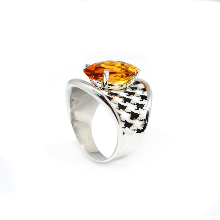 Black and White Ring with an Orange Swarovski Stone by Roberto Bravo