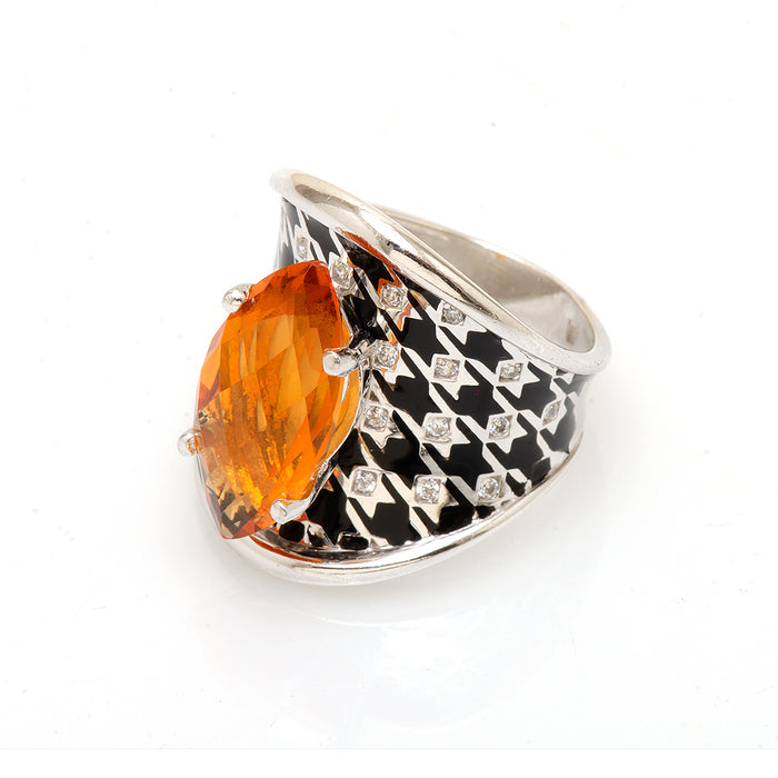 Black and White Ring with an Orange Swarovski Stone by Roberto Bravo