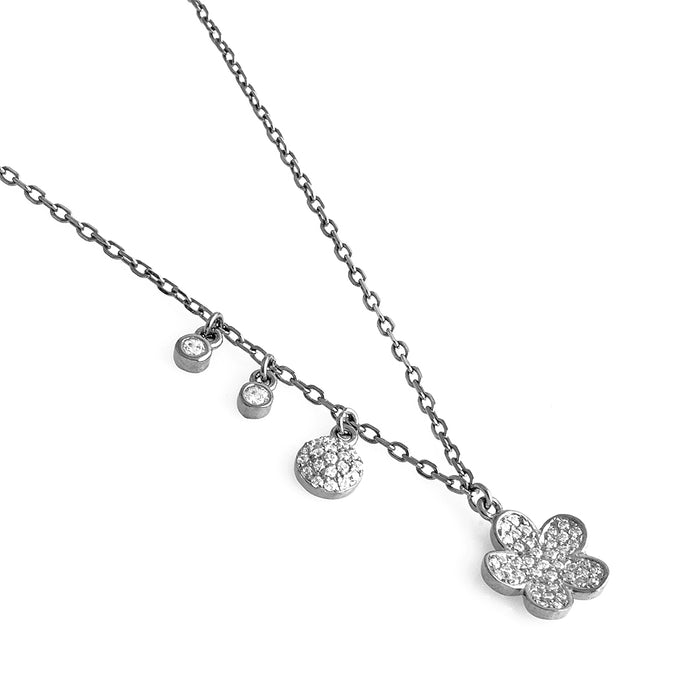 Flower with Crystals Silver Necklace