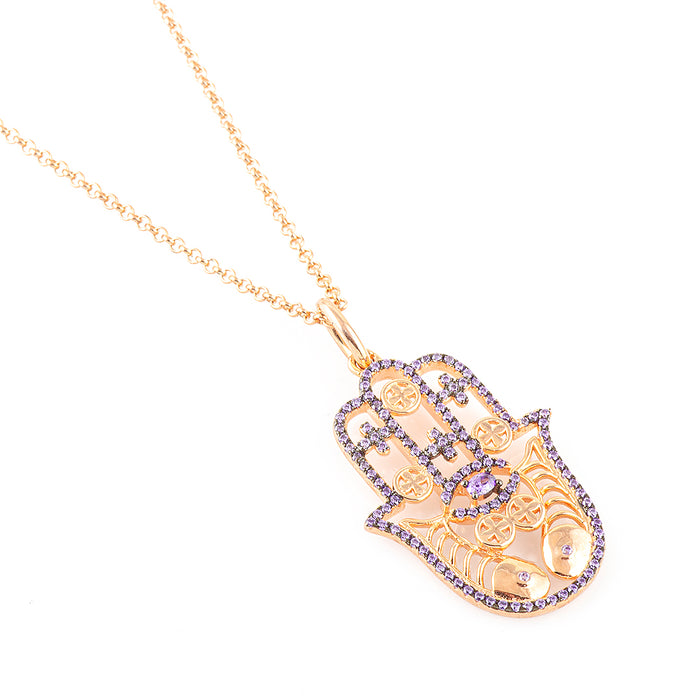 Gold Hamsa Hand with Purple Crystals Silver Necklace