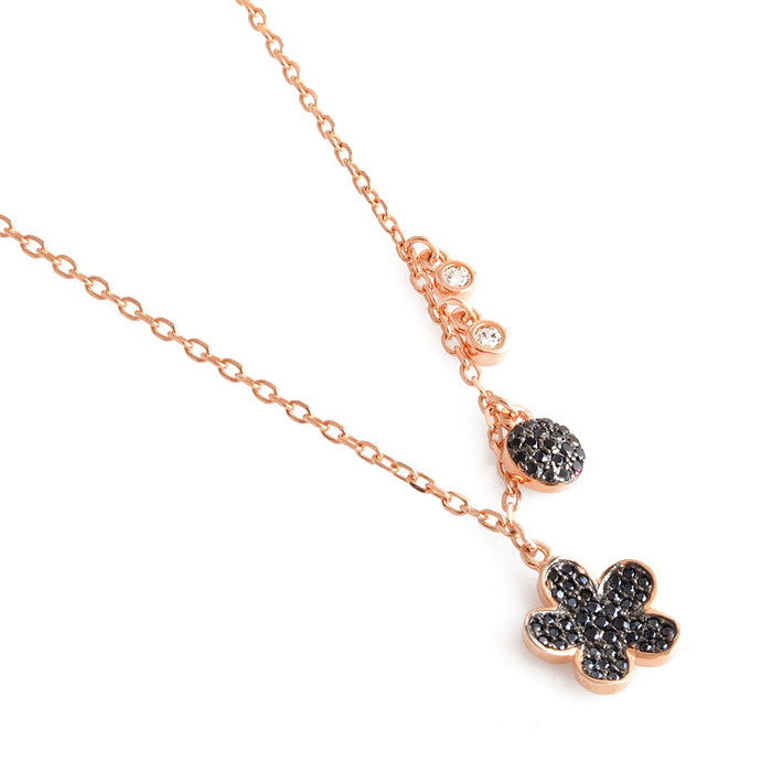 Rose Gold Flower with Black Crystals Silver Necklace