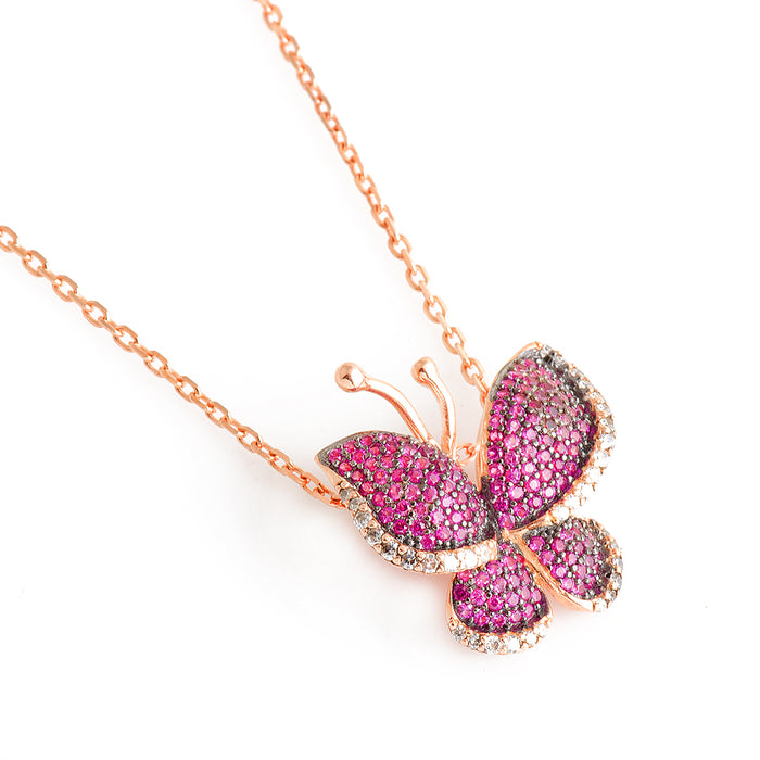 Rose Gold Butterfly with Pink Crystals Silver Necklace