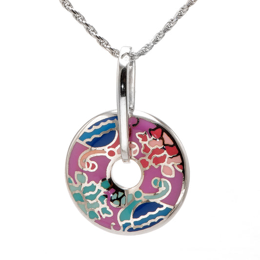 Pink Doughnut Shaped Silver Pendant with Flowers