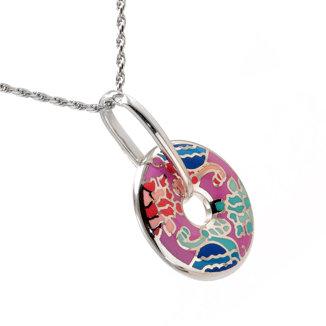 Pink Doughnut Shaped Silver Pendant with Flowers