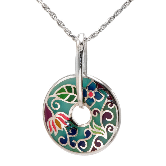 Green Doughnut Shaped Silver Pendant with Flowers