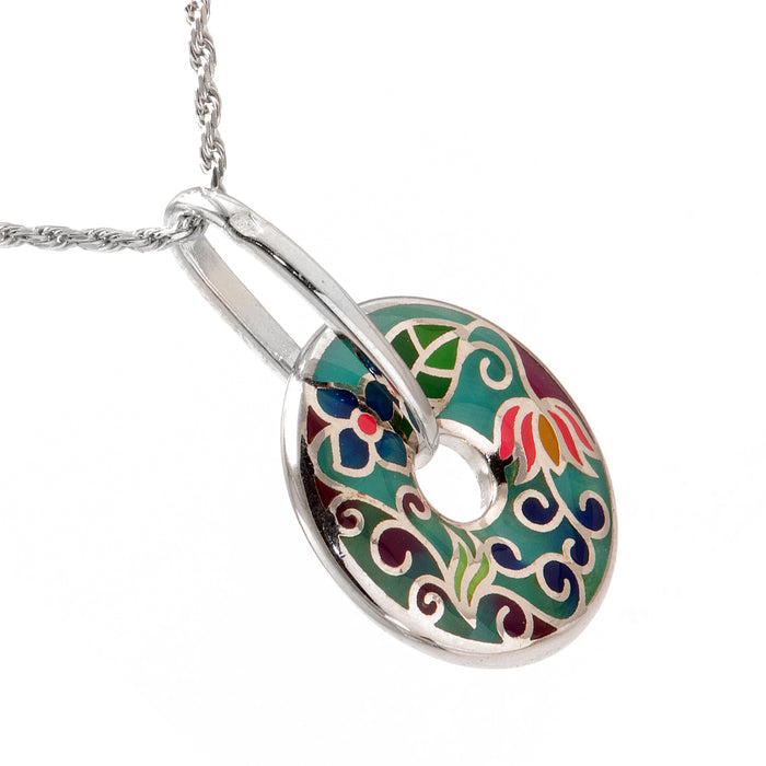 Green Doughnut Shaped Silver Pendant with Flowers