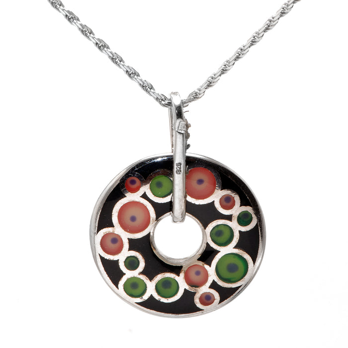 Black Doughnut Shaped Silver Pendant with Colorful Patterns