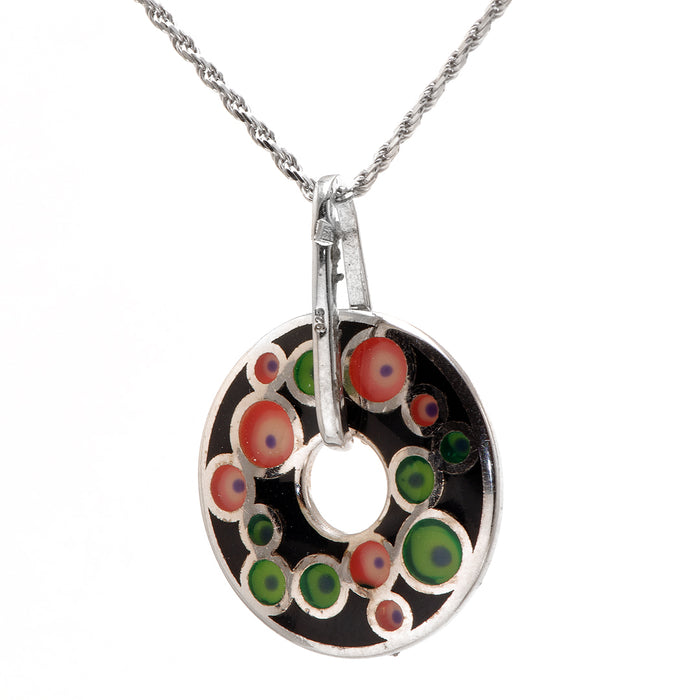 Black Doughnut Shaped Silver Pendant with Colorful Patterns