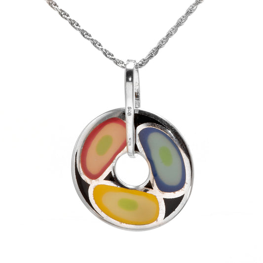 Colorful Mosaic Doughnut Shaped Silver Pendant