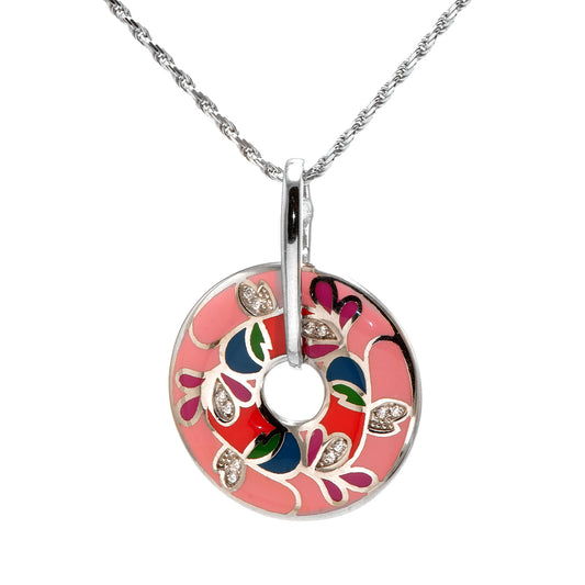 Pink Doughnut Shaped Silver Pendant with Flowers